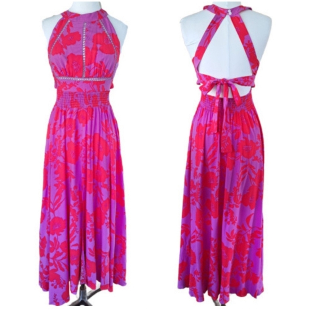 ABEL THE LABEL ATL Vienna Pink Floral Boho Maxi Dress‎ Small Open Back Halter